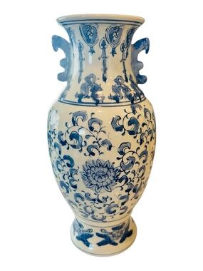 Elegant Blue & White Chinoiserie Style Porcelain Vase – 12” Tall